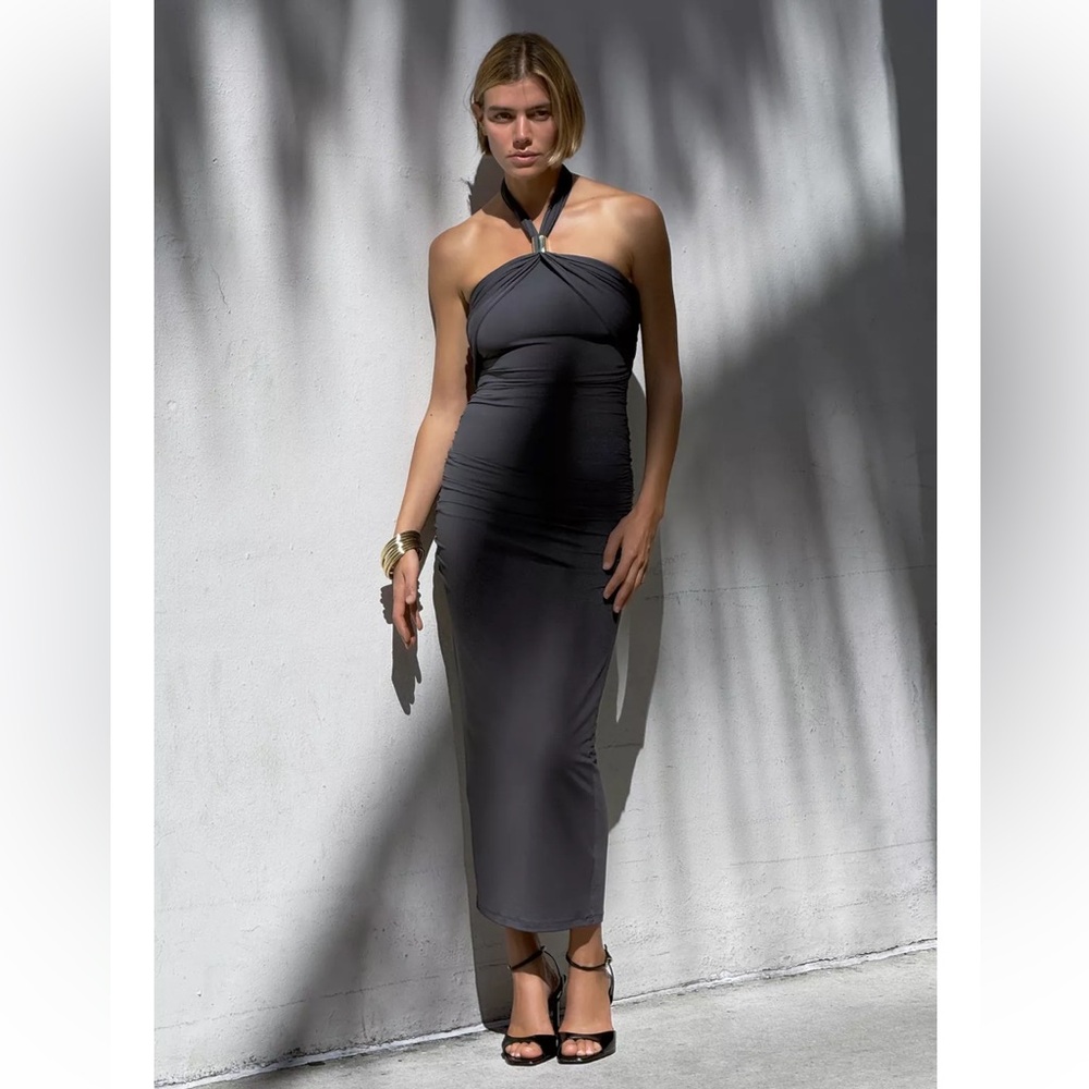 Zara Gray Halter Appliqué Dress